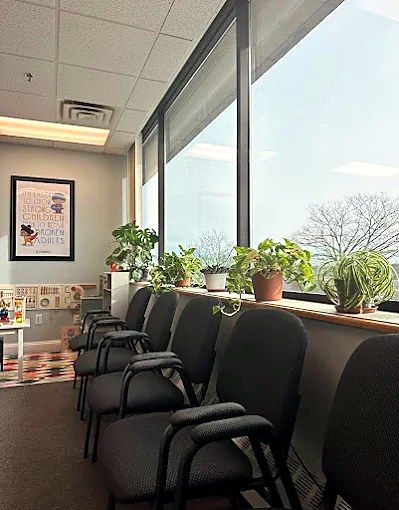 Bright waiting area lined with plants